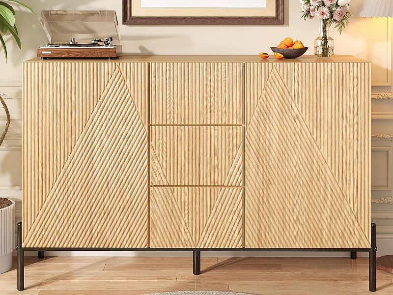 Buffet moderne 115,5x40x76 cm - 3 tiroirs et 2 portes - Pieds en fer - MDF - Couleur naturelle