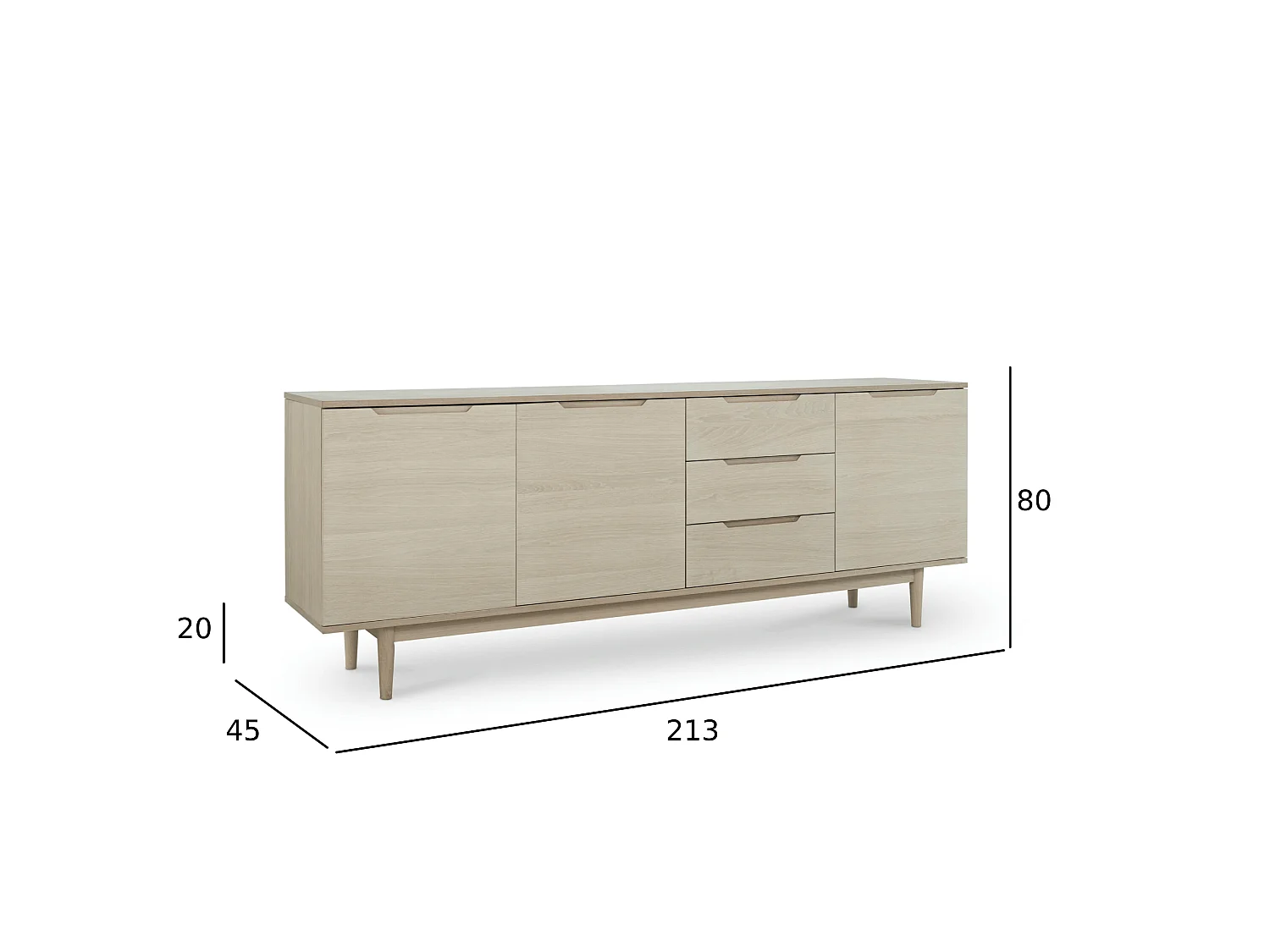 Sideboard mit 3 Türen und 3 Schubladen Kerteminde - Eichenfurnier & MDF - Eiche bianco