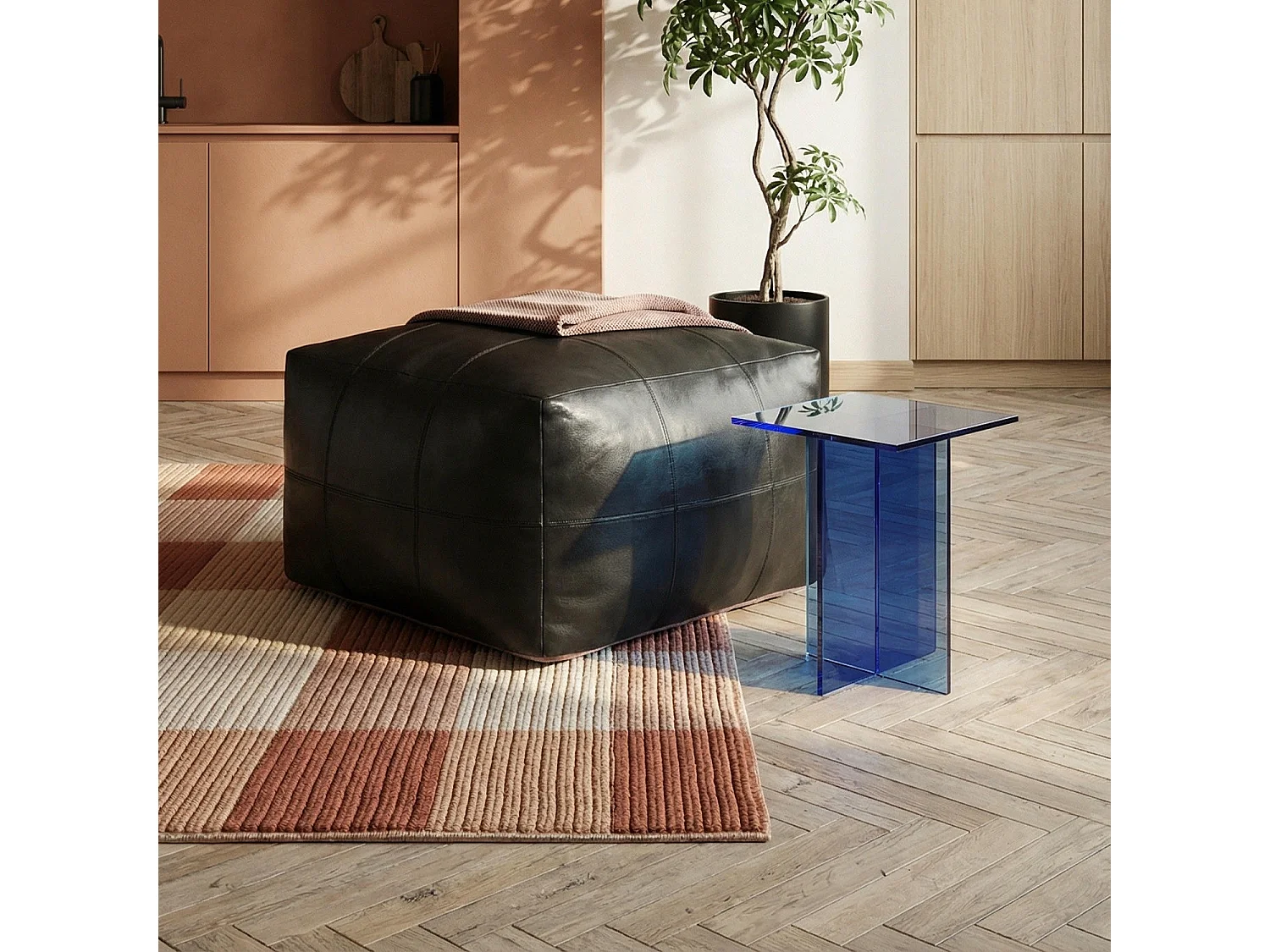 Hocker Pouf B75xT75xH45 Tenna - Leder & Baumwolle - Schwarz