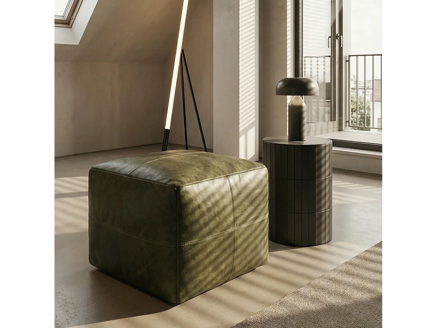 Hocker Pouf B50xT50xH45 Tenna - Leder & Baumwolle - Olivgrün