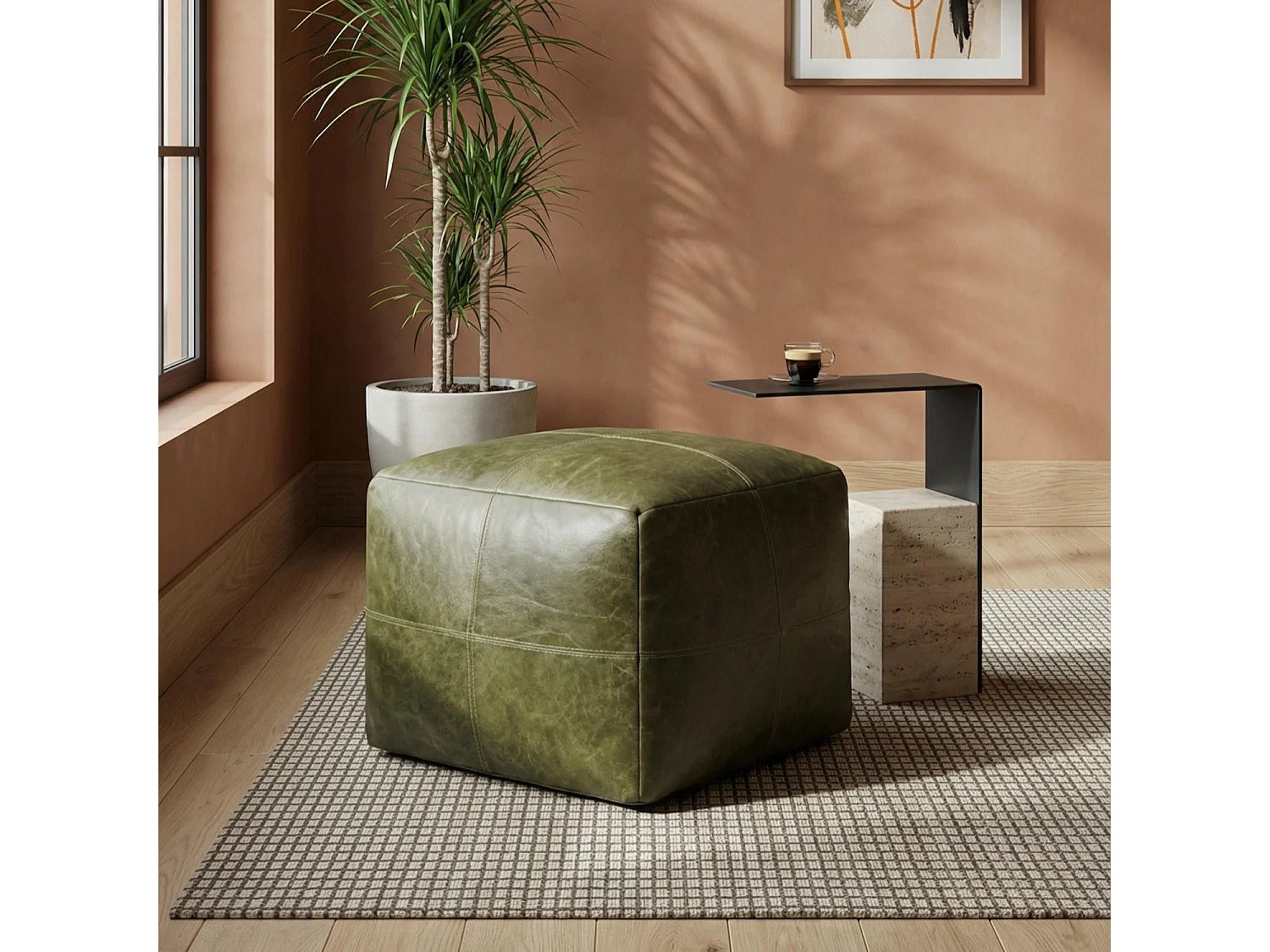 Hocker Pouf B50xT50xH45 Tenna - Leder & Baumwolle - Olivgrün