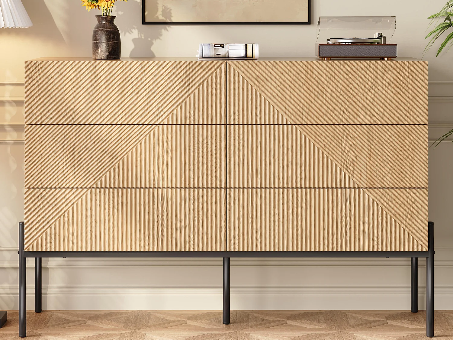 Buffet moderne 115.5 x 38 x 75 cm - avec 6 tiroirs - Texture 3D - Pieds en fer - MDF - Naturel