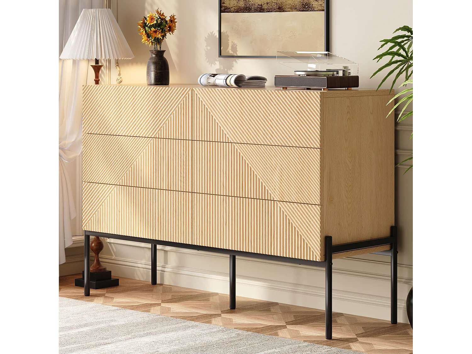 Buffet moderne 115.5 x 38 x 75 cm - avec 6 tiroirs - Texture 3D - Pieds en fer - MDF - Naturel
