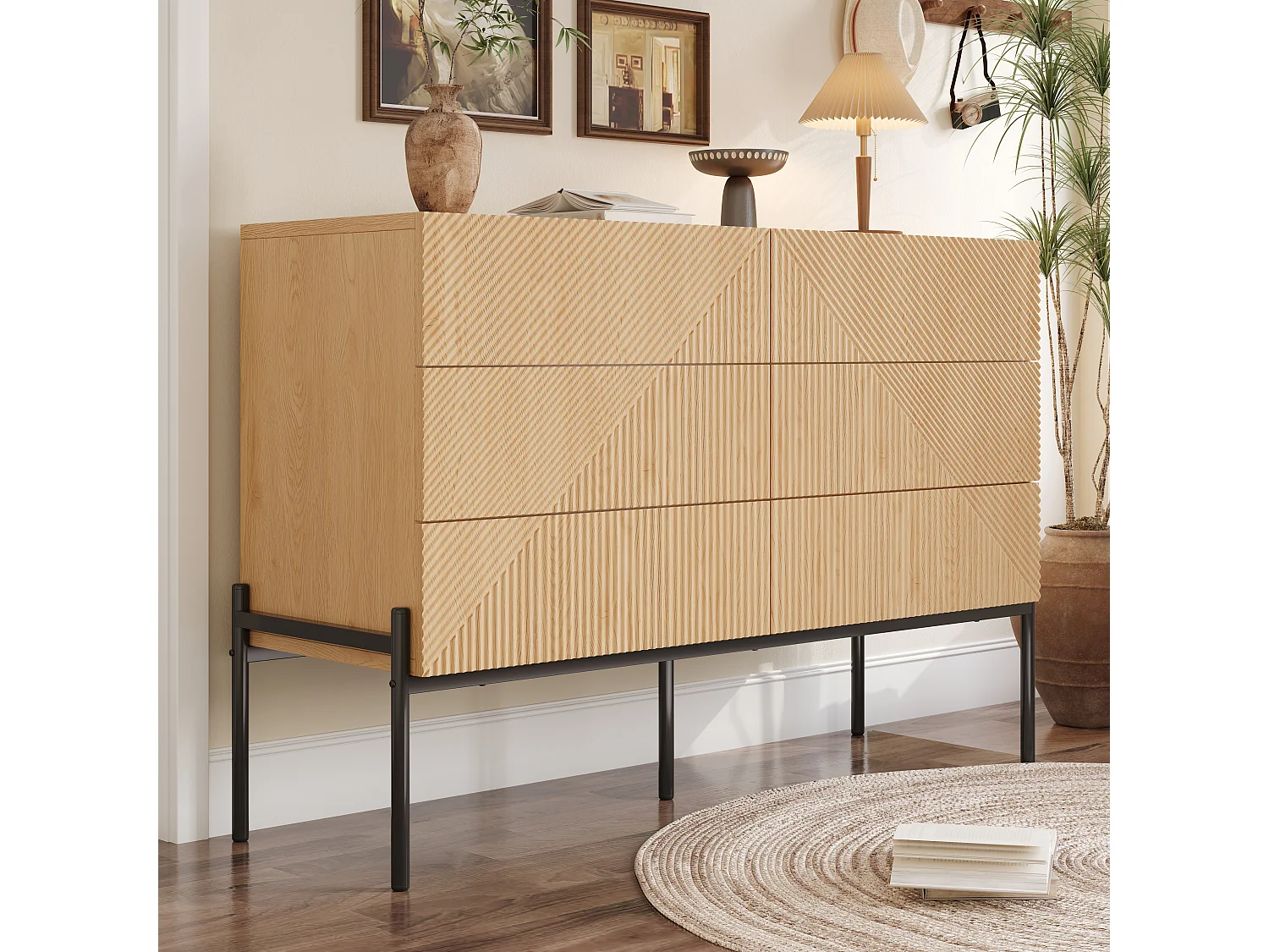 Buffet moderne 115.5 x 38 x 75 cm - avec 6 tiroirs - Texture 3D - Pieds en fer - MDF - Naturel