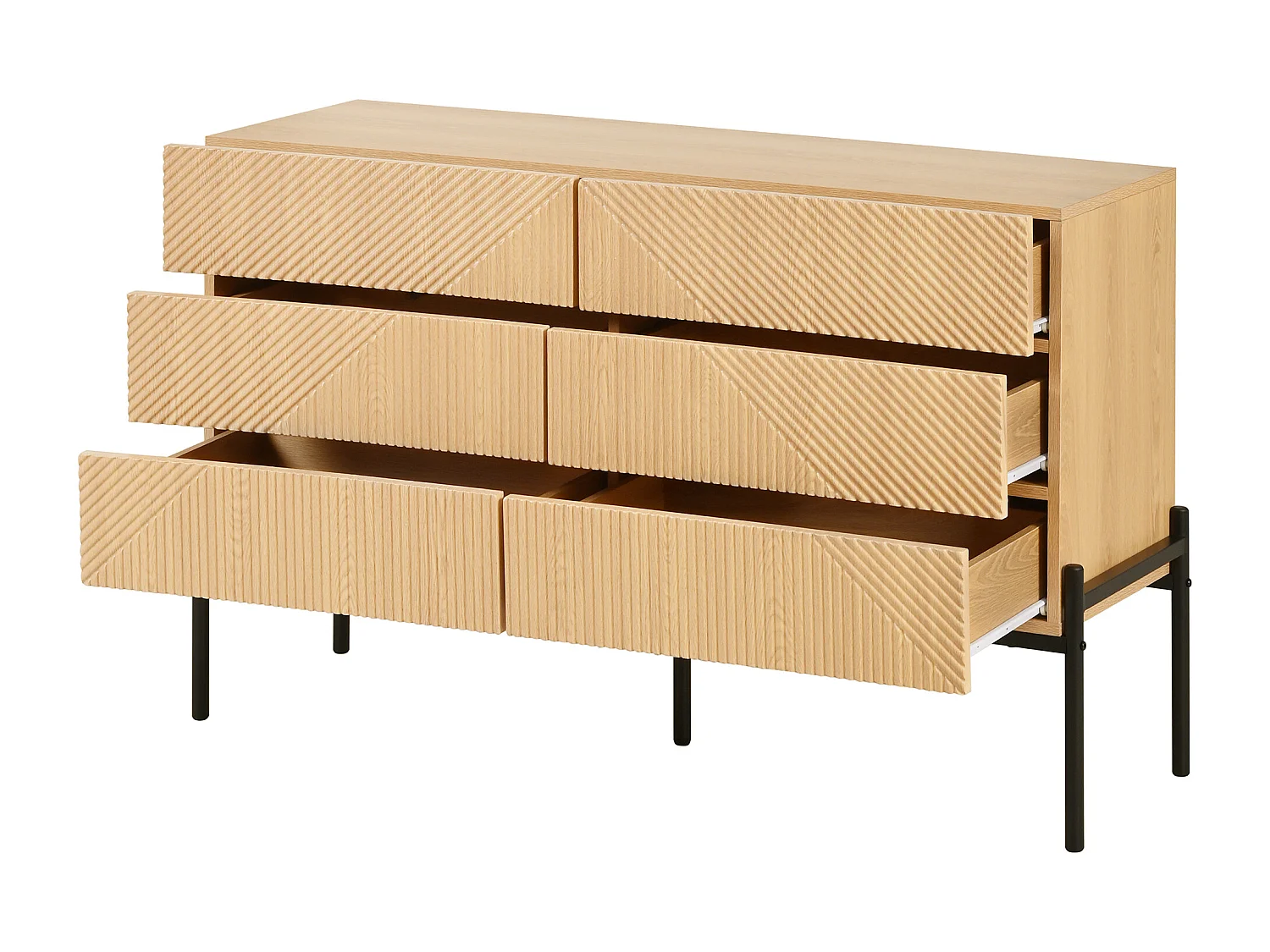 Buffet moderne 115.5 x 38 x 75 cm - avec 6 tiroirs - Texture 3D - Pieds en fer - MDF - Naturel