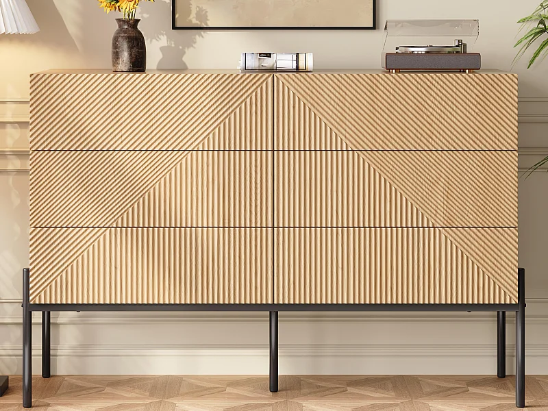 Buffet moderne 115.5 x 38 x 75 cm - avec 6 tiroirs - Texture 3D - Pieds en fer - MDF - Naturel