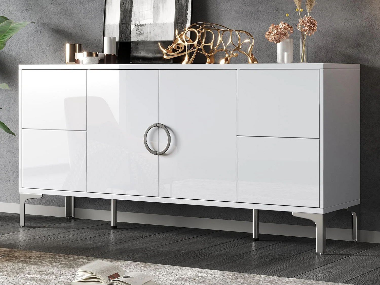 Buffet laqué brillant 150x38x59.5 cm - avec 4 tiroirs et 2 portes - Pieds en métal - MDF - Blanc
