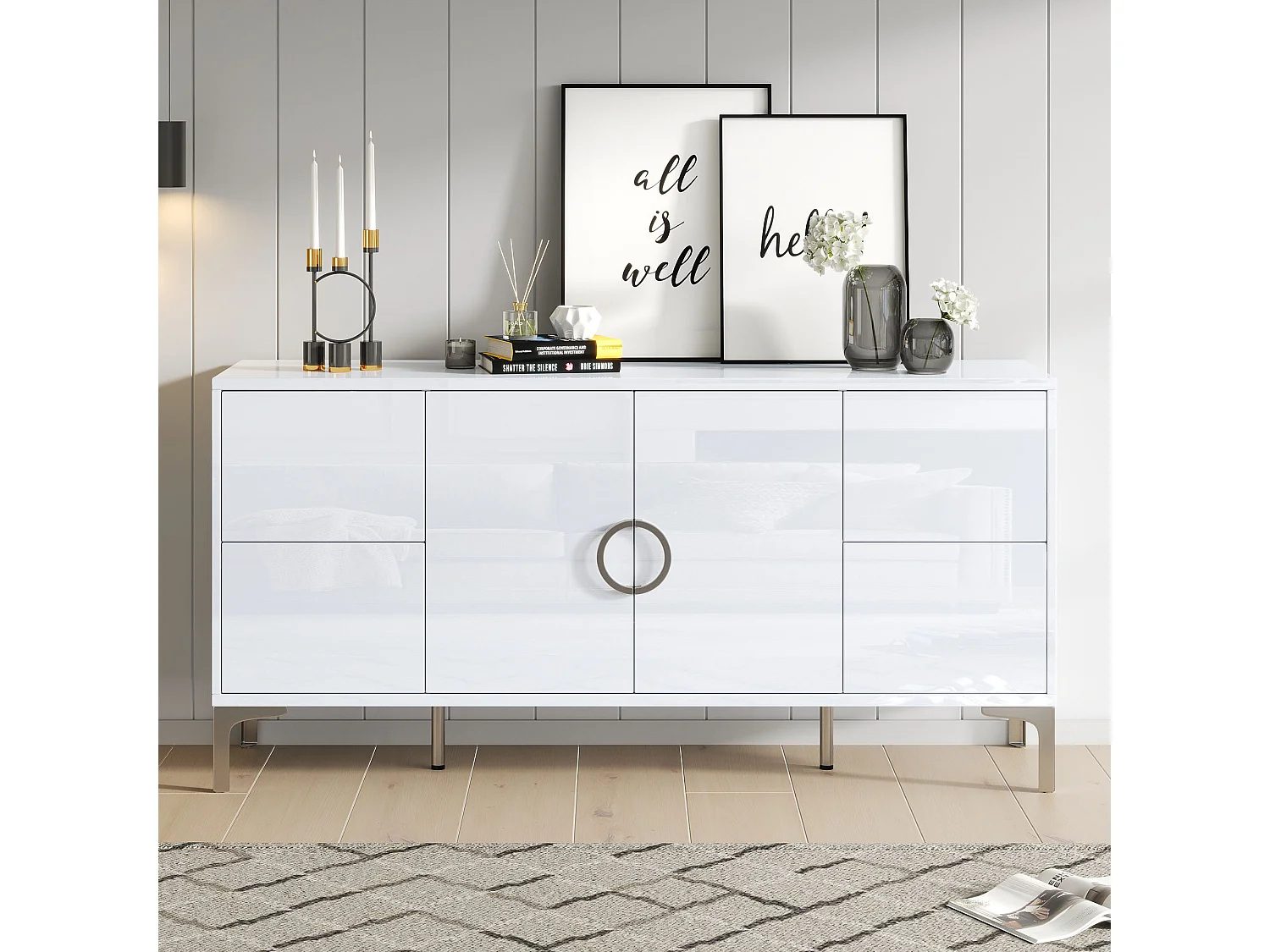 Buffet laqué brillant 150x38x59.5 cm - avec 4 tiroirs et 2 portes - Pieds en métal - MDF - Blanc