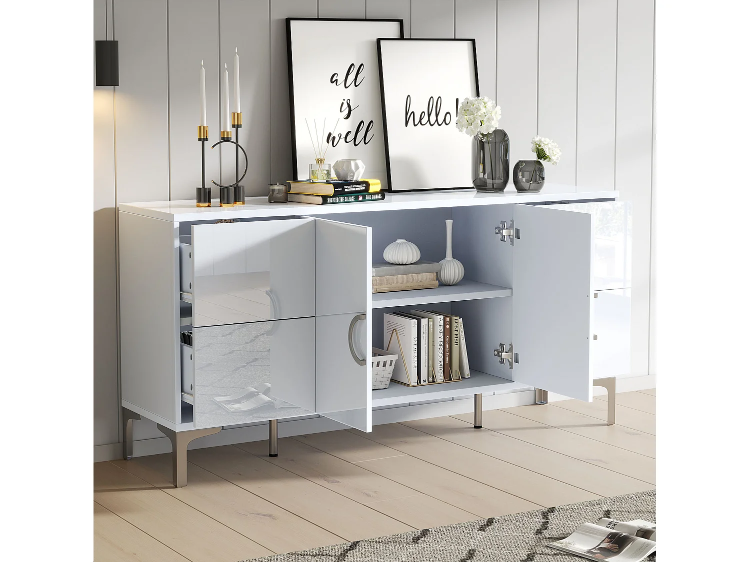 Buffet laqué brillant 150x38x59.5 cm - avec 4 tiroirs et 2 portes - Pieds en métal - MDF - Blanc