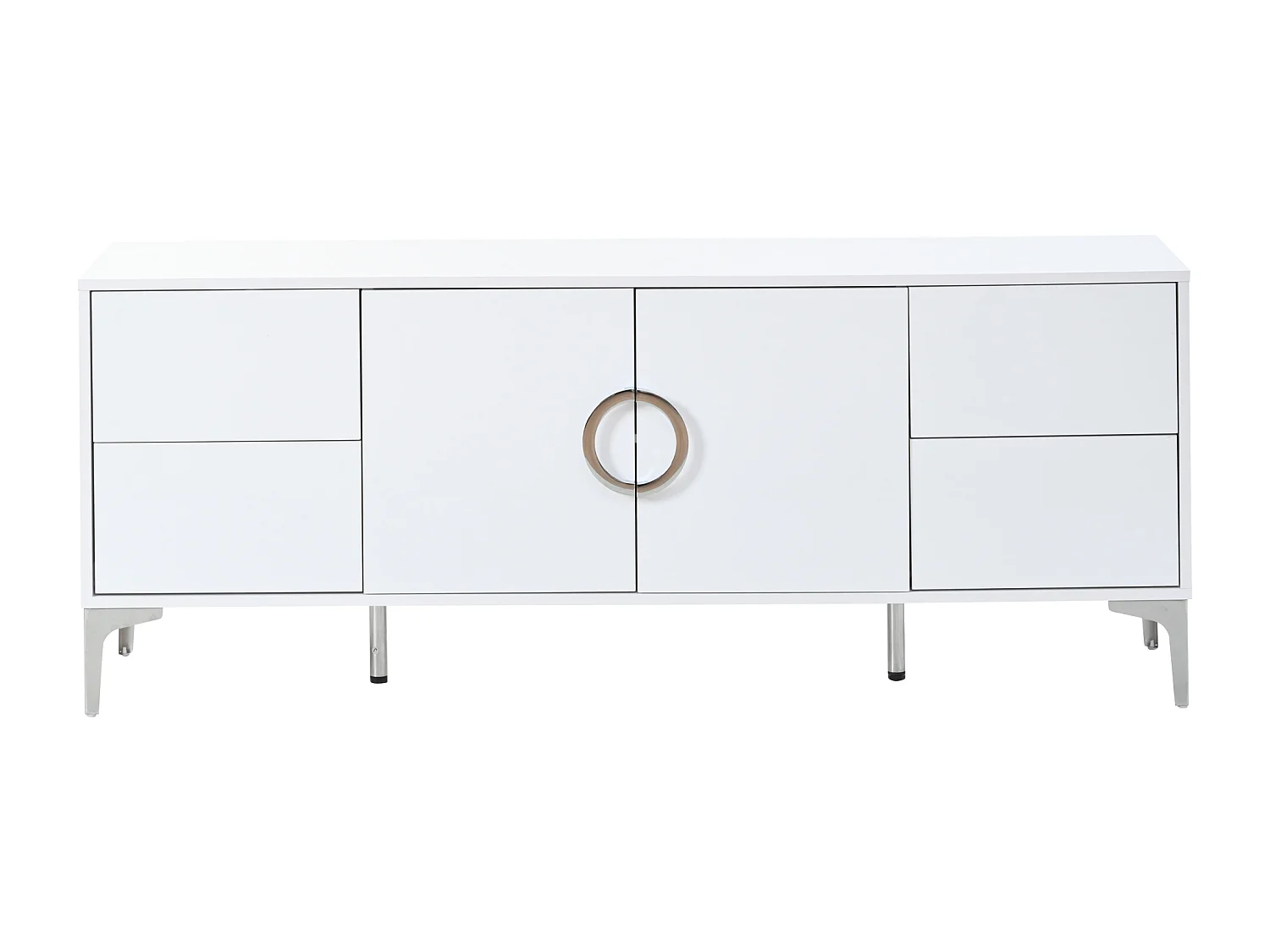 Buffet laqué brillant 150x38x59.5 cm - avec 4 tiroirs et 2 portes - Pieds en métal - MDF - Blanc