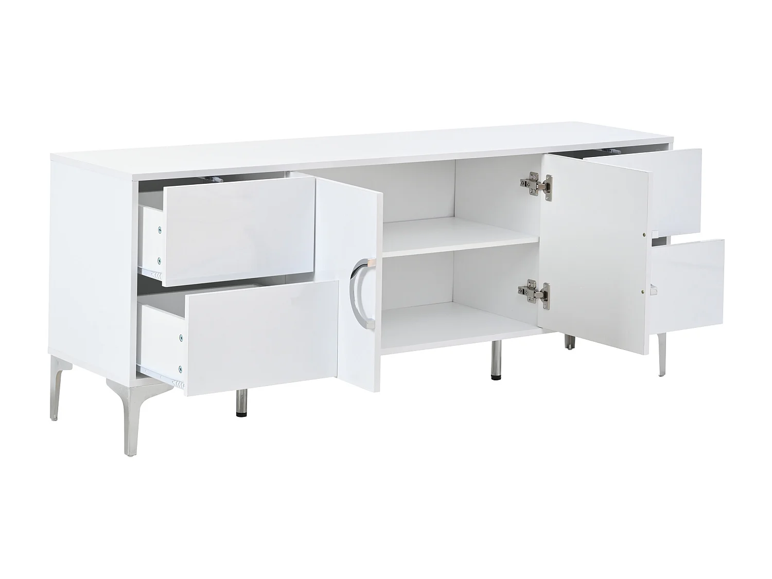 Buffet laqué brillant 150x38x59.5 cm - avec 4 tiroirs et 2 portes - Pieds en métal - MDF - Blanc