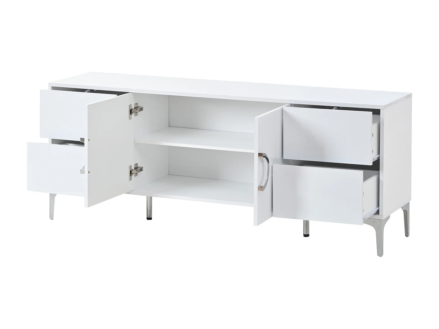 Buffet laqué brillant 150x38x59.5 cm - avec 4 tiroirs et 2 portes - Pieds en métal - MDF - Blanc