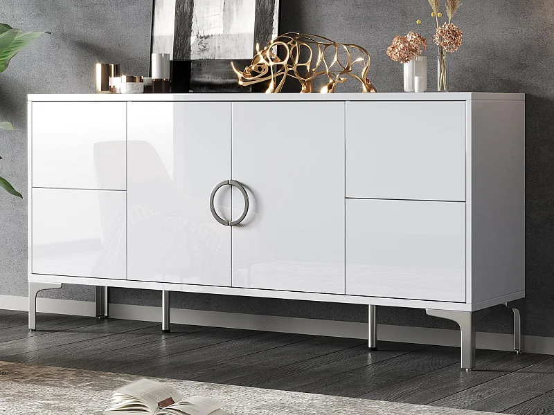 Buffet laqué brillant 150x38x59.5 cm - avec 4 tiroirs et 2 portes - Pieds en métal - MDF - Blanc