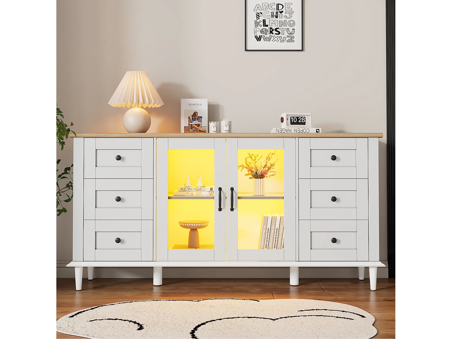 Buffet moderne 150x40x75 cm - Éclairage LED - 2 portes acryliques et 6 tiroirs - MDF - Blanc et naturel
