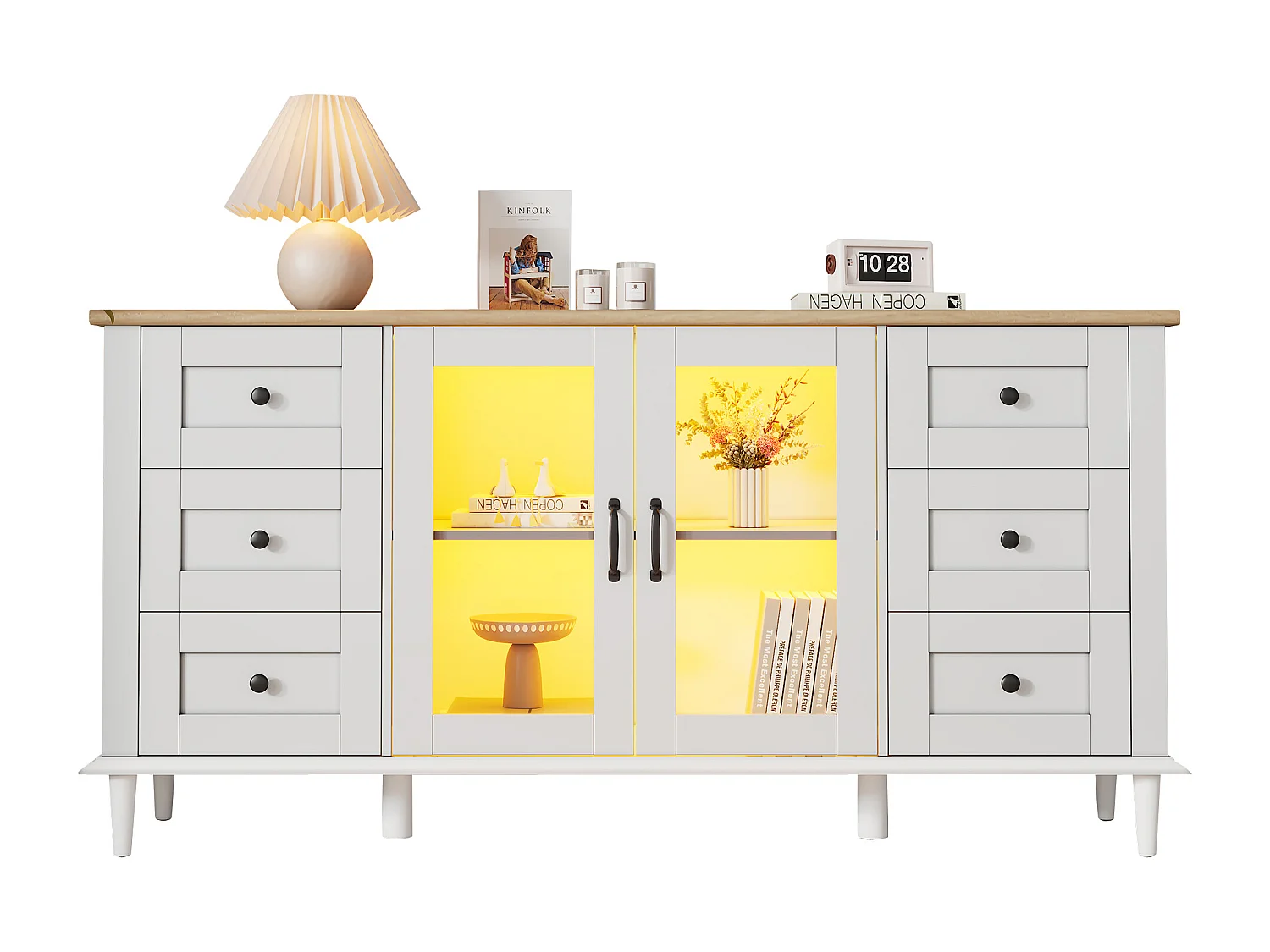Buffet moderne 150x40x75 cm - Éclairage LED - 2 portes acryliques et 6 tiroirs - MDF - Blanc et naturel