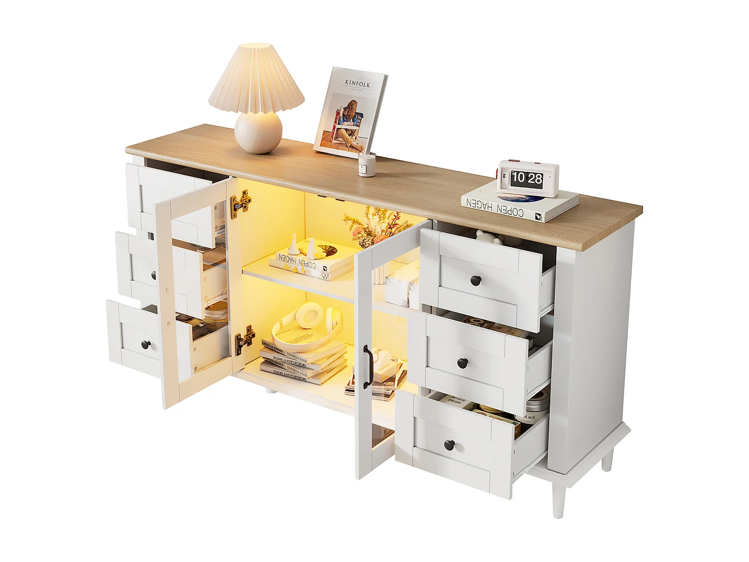 Buffet moderne 150x40x75 cm - Éclairage LED - 2 portes acryliques et 6 tiroirs - MDF - Blanc et naturel