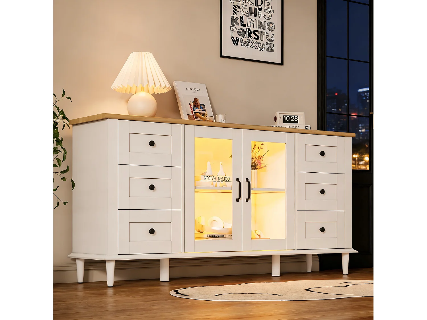 Buffet moderne 150x40x75 cm - Éclairage LED - 2 portes acryliques et 6 tiroirs - MDF - Blanc et naturel