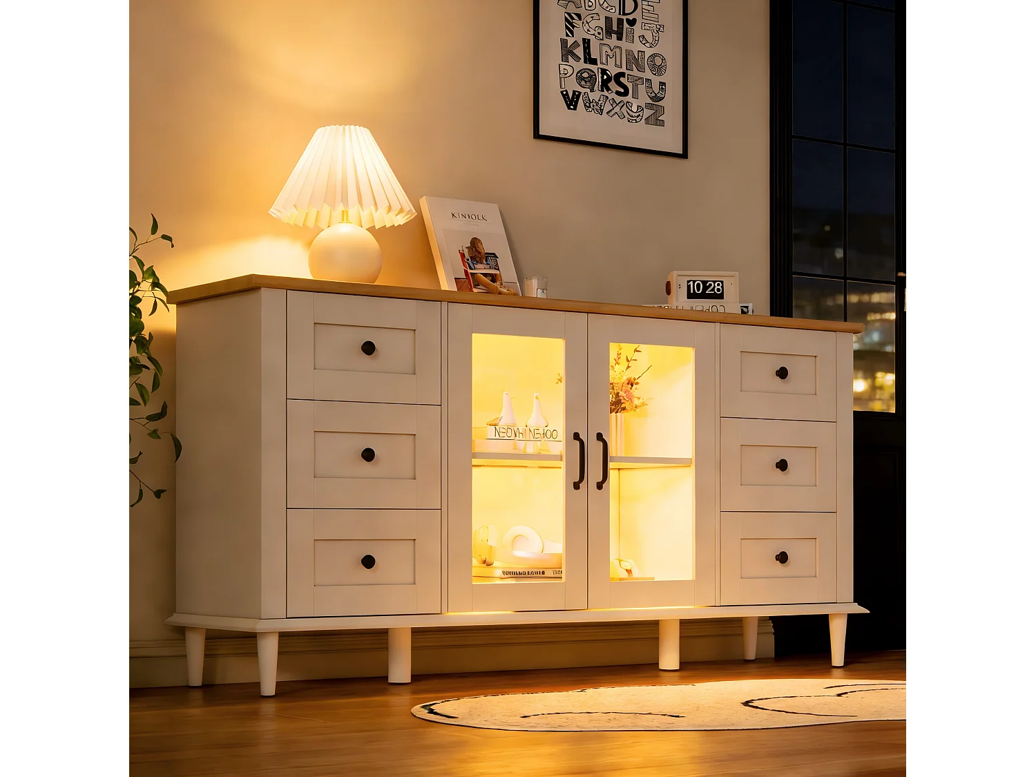 Buffet moderne 150x40x75 cm - Éclairage LED - 2 portes acryliques et 6 tiroirs - MDF - Blanc et naturel