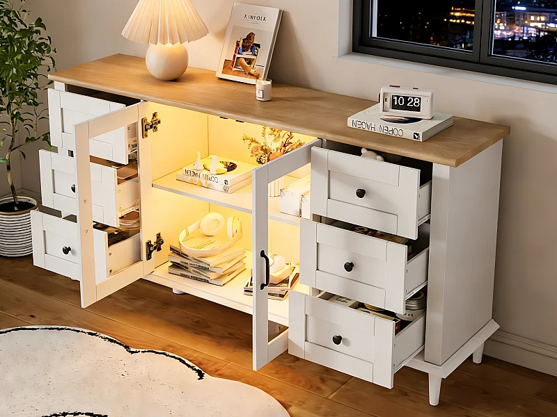 Buffet moderne 150x40x75 cm - Éclairage LED - 2 portes acryliques et 6 tiroirs - MDF - Blanc et naturel