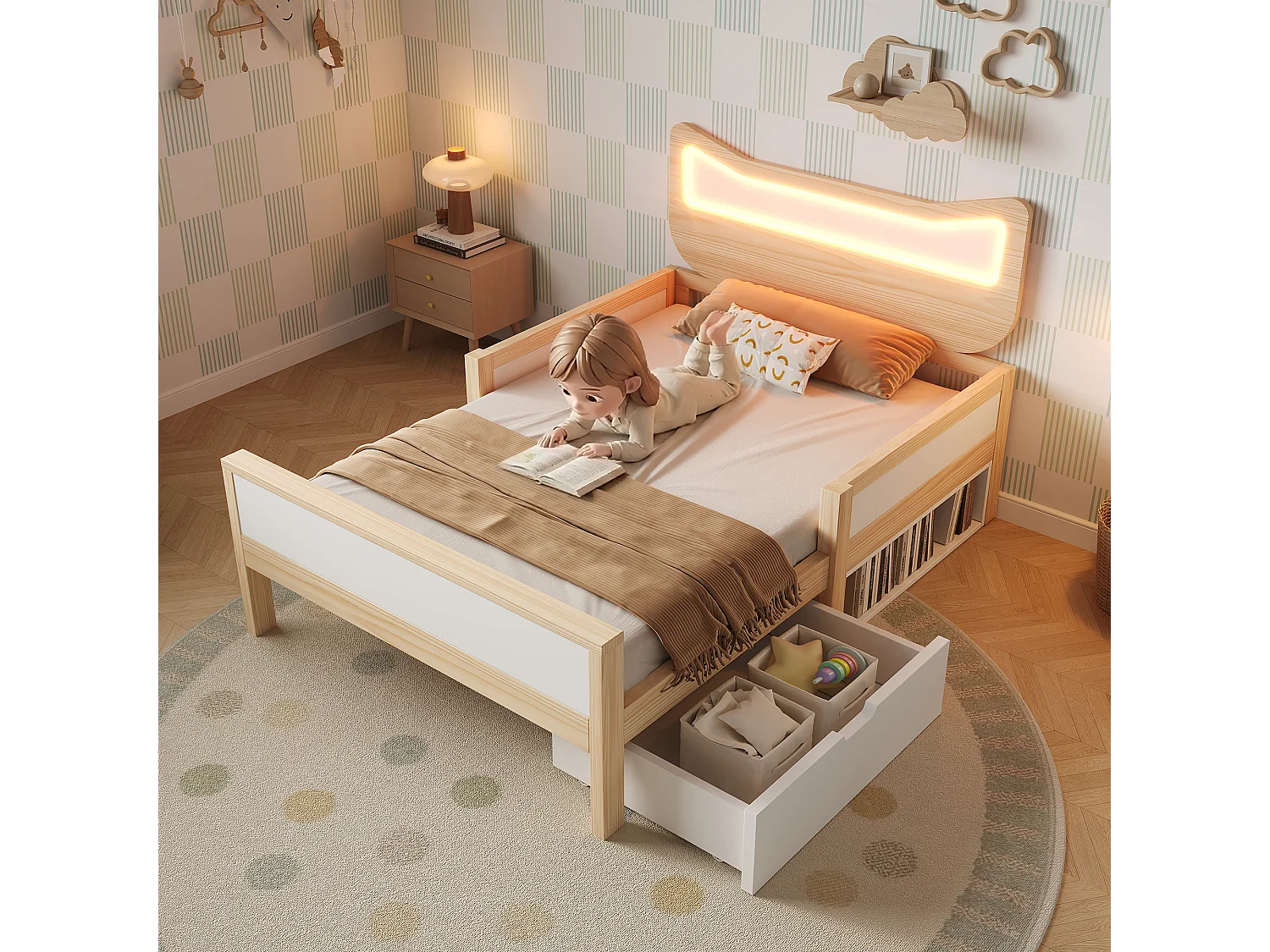 Lit simple pour enfant 90x190cm - tête de lit oreilles de chat - avec des lumières LED RGB et 1 tiroir - Blanc + Naturel (matelas non inclus)