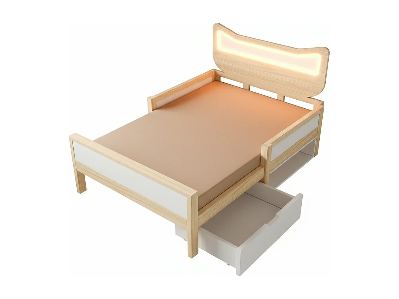 Lit simple pour enfant 90x190cm - tête de lit oreilles de chat - avec des lumières LED RGB et 1 tiroir - Blanc + Naturel (matelas non inclus)
