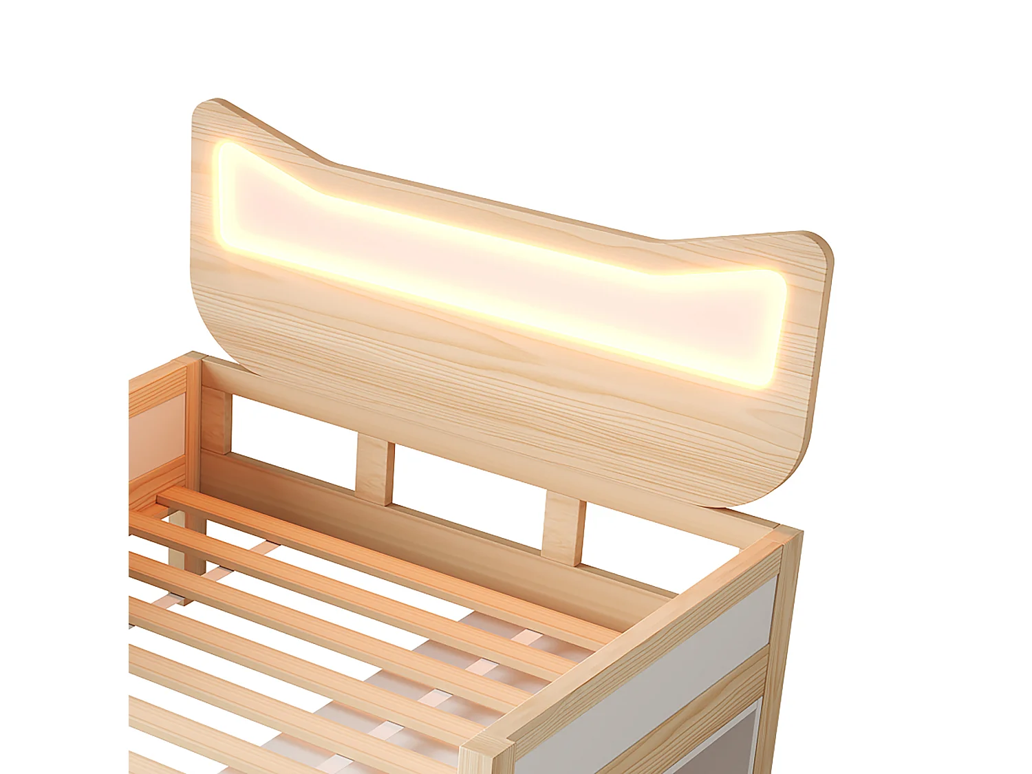 Lit simple pour enfant 90x190cm - tête de lit oreilles de chat - avec des lumières LED RGB et 1 tiroir - Blanc + Naturel (matelas non inclus)