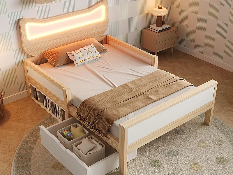 Lit simple pour enfant 90x190cm - tête de lit oreilles de chat - avec des lumières LED RGB et 1 tiroir - Blanc + Naturel (matelas non inclus)