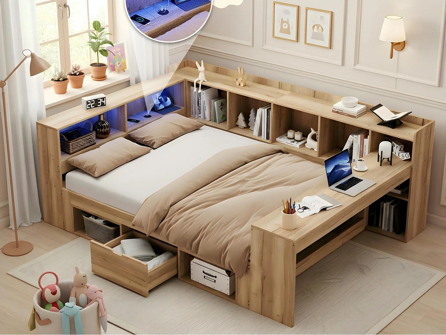 Canapé-lit 140x200cm - avec LED et port USB - Avec bureau, 1 tiroir et des étagères - MDF - Naturel