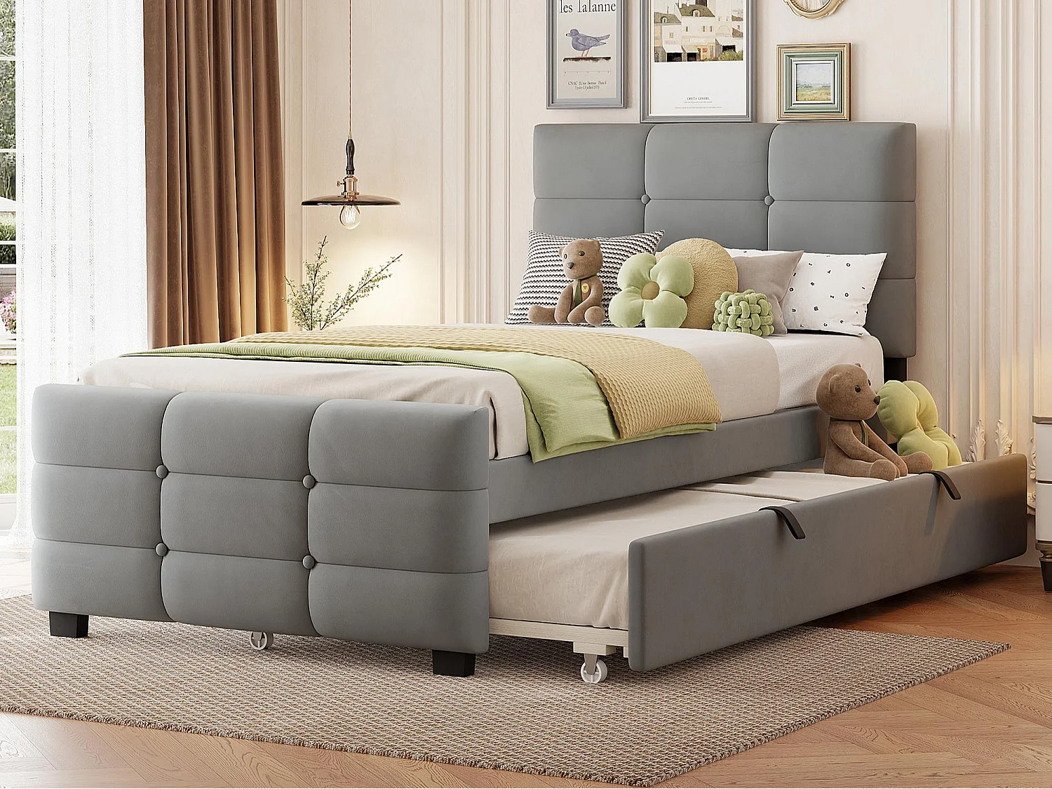 Lit capitonné 90 x 190 cm - avec lit gigogne - tissu velours - gris (matelas non inclus)