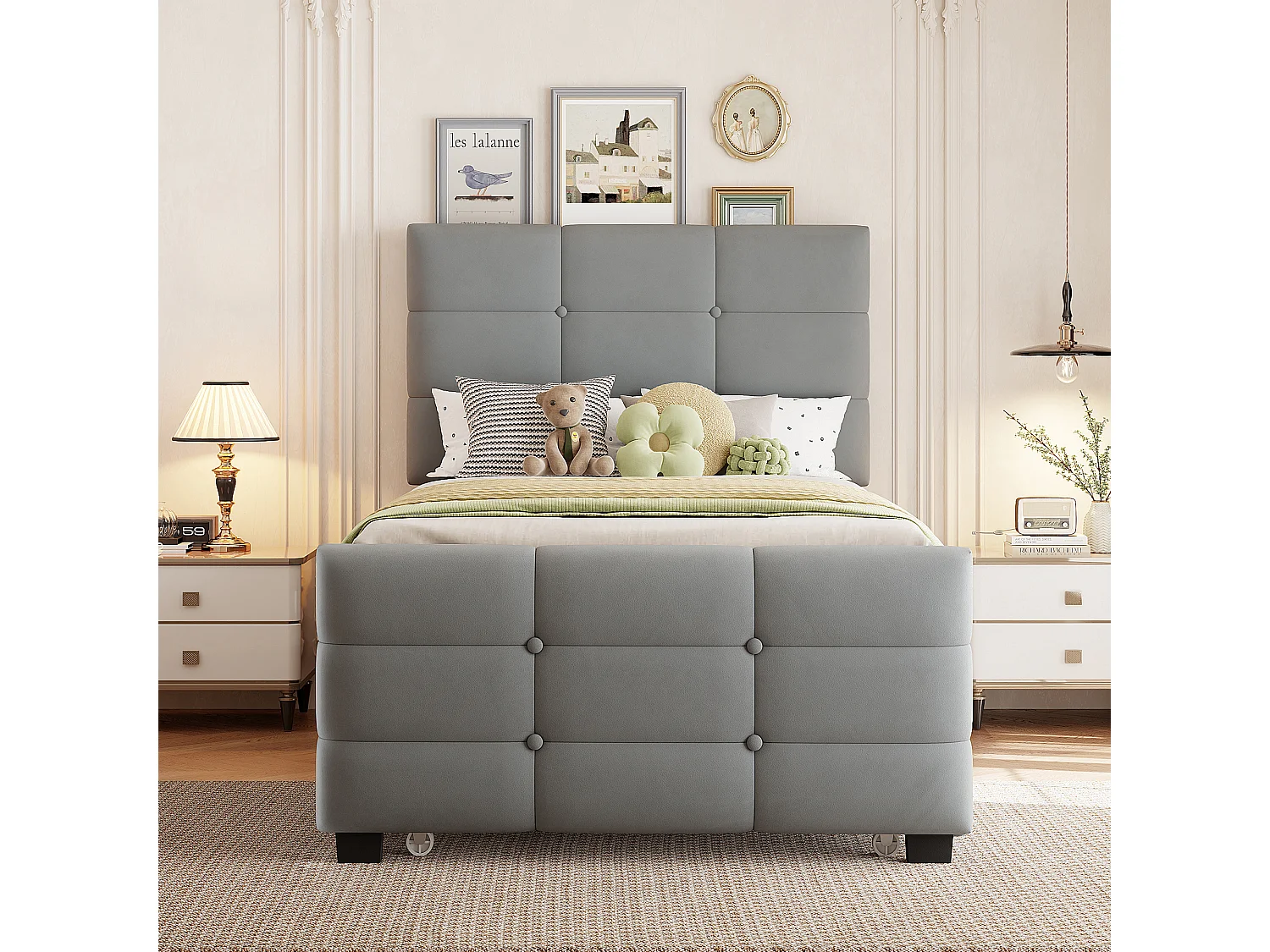 Lit capitonné 90 x 190 cm - avec lit gigogne - tissu velours - gris (matelas non inclus)