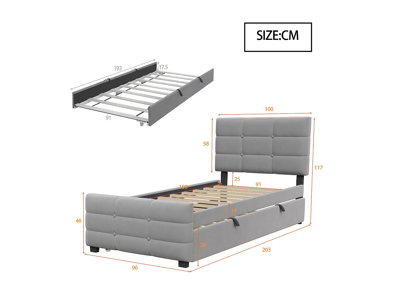Lit capitonné 90 x 190 cm - avec lit gigogne - tissu velours - gris (matelas non inclus)