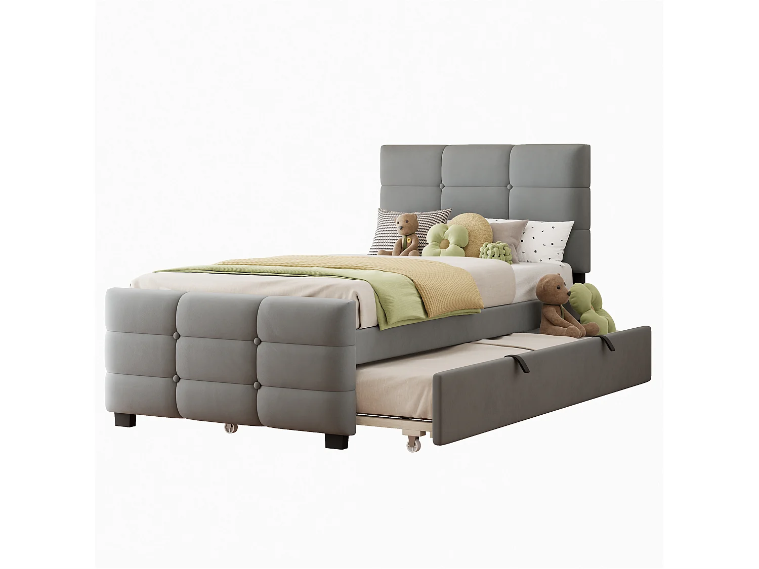 Lit capitonné 90 x 190 cm - avec lit gigogne - tissu velours - gris (matelas non inclus)