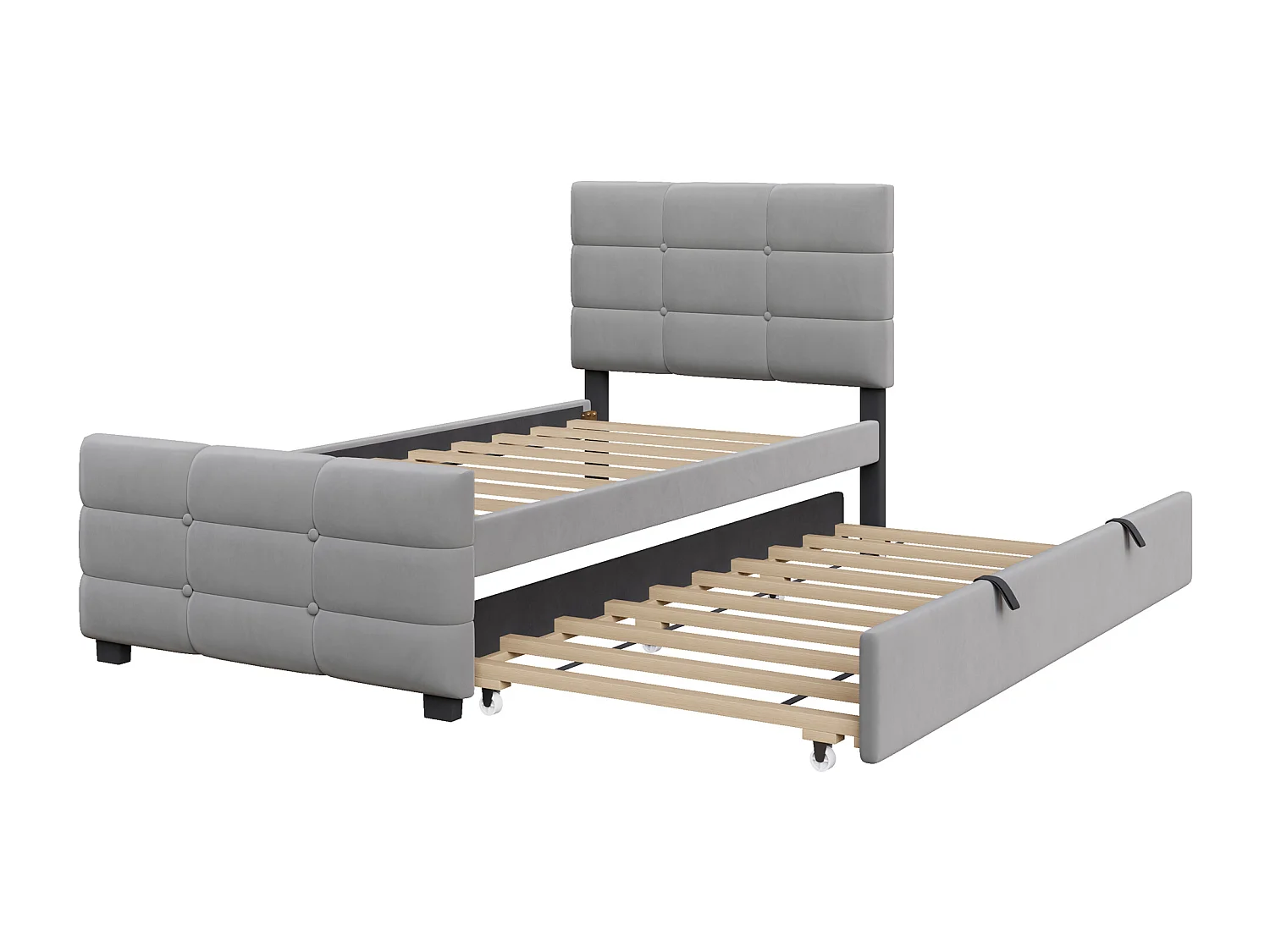 Lit capitonné 90 x 190 cm - avec lit gigogne - tissu velours - gris (matelas non inclus)