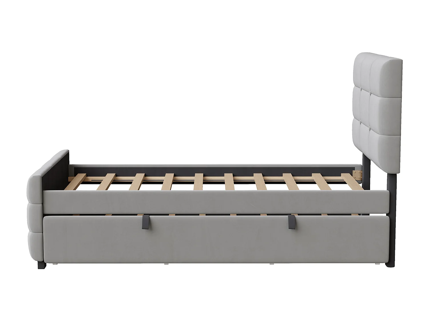 Lit capitonné 90 x 190 cm - avec lit gigogne - tissu velours - gris (matelas non inclus)