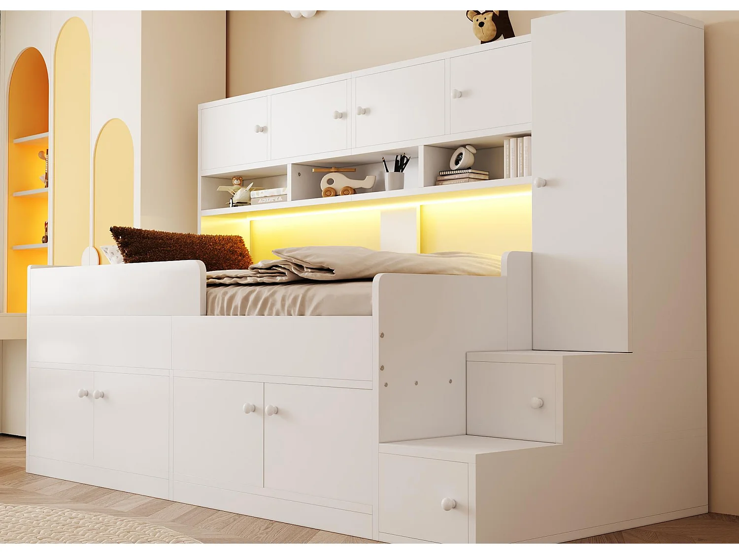 Kinderbed 90x200cm - met opbergruimte - met planken - met kast - met LED-verlichting - Wit​ (matras niet inbegrepen)