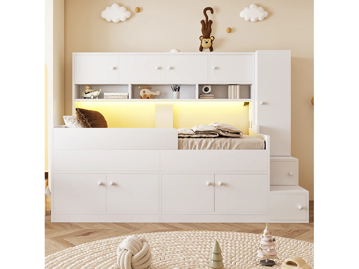 Kinderbed 90x200cm - met opbergruimte - met planken - met kast - met LED-verlichting - Wit​ (matras niet inbegrepen)