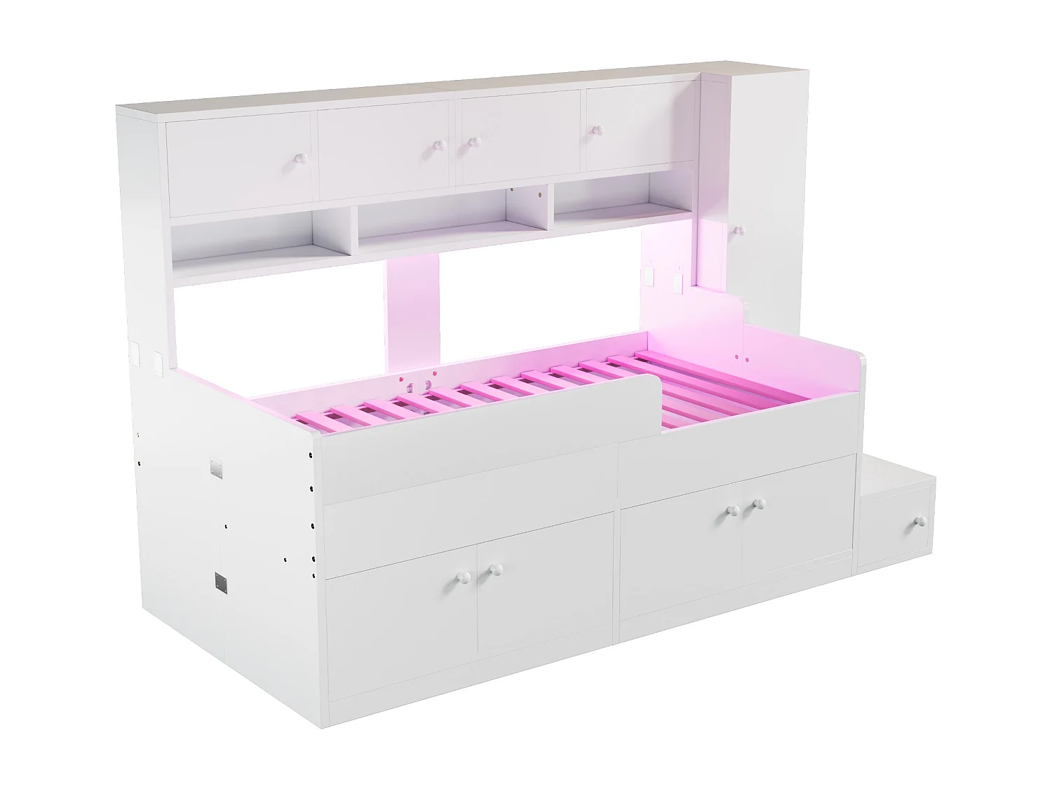 Kinderbed 90x200cm - met opbergruimte - met planken - met kast - met LED-verlichting - Wit​ (matras niet inbegrepen)