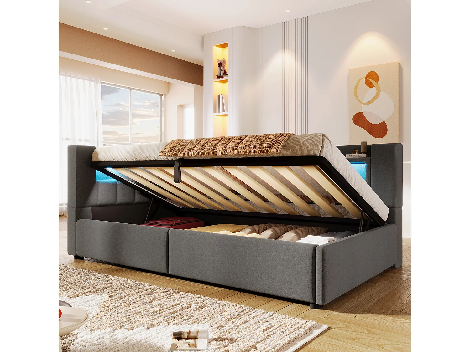 Canapé-lit coffre 90 x 200 cm - avec port USB Type-C - avec éclairage LED - gris (matelas non inclus)