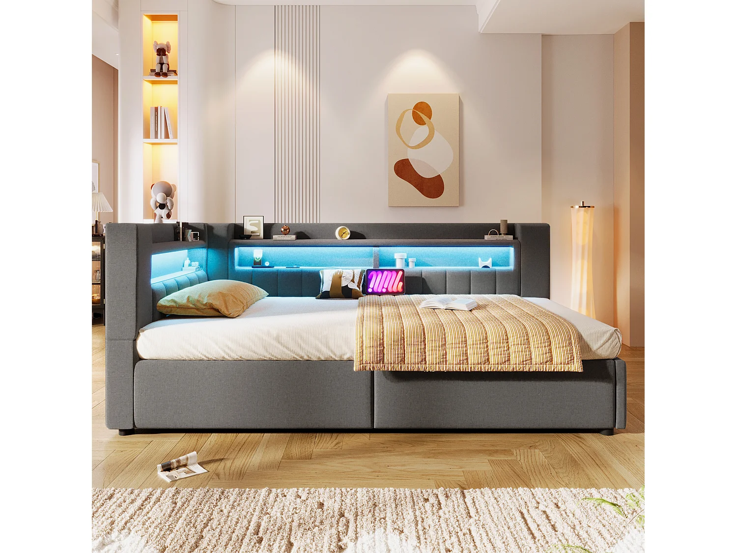 Canapé-lit coffre 90 x 200 cm - avec port USB Type-C - avec éclairage LED - gris (matelas non inclus)