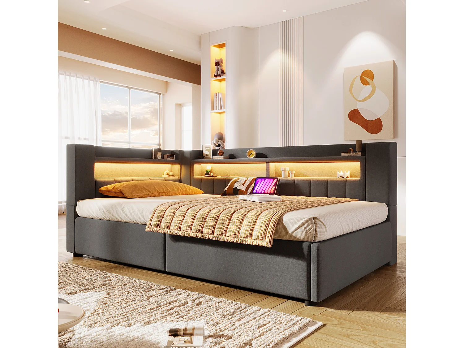 Canapé-lit coffre 90 x 200 cm - avec port USB Type-C - avec éclairage LED - gris (matelas non inclus)