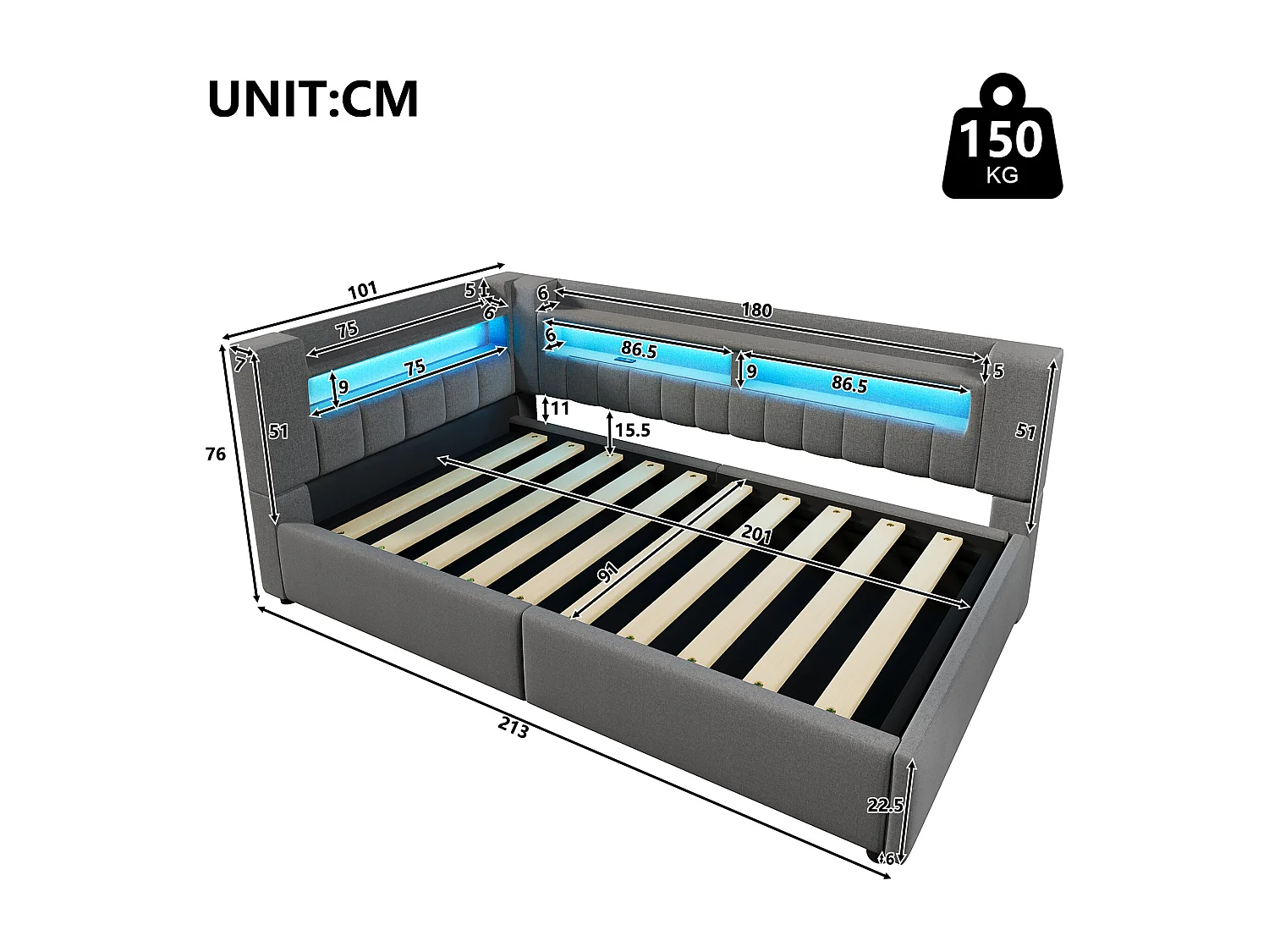 Canapé-lit coffre 90 x 200 cm - avec port USB Type-C - avec éclairage LED - gris (matelas non inclus)