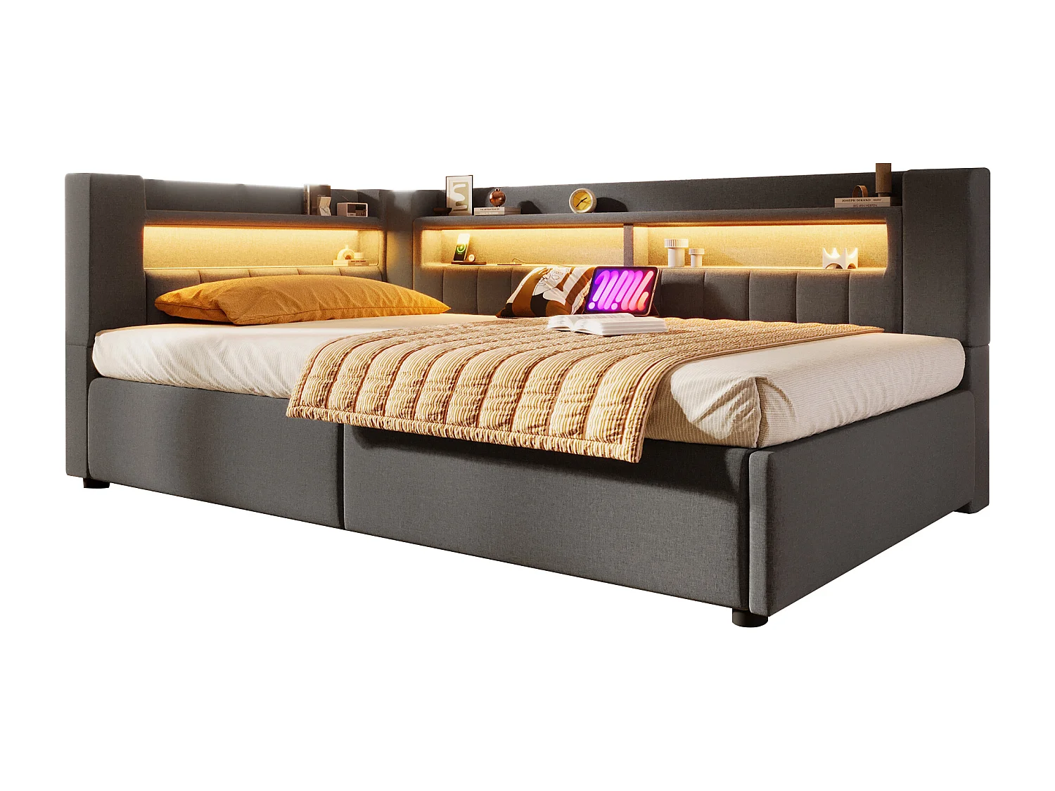 Canapé-lit coffre 90 x 200 cm - avec port USB Type-C - avec éclairage LED - gris (matelas non inclus)