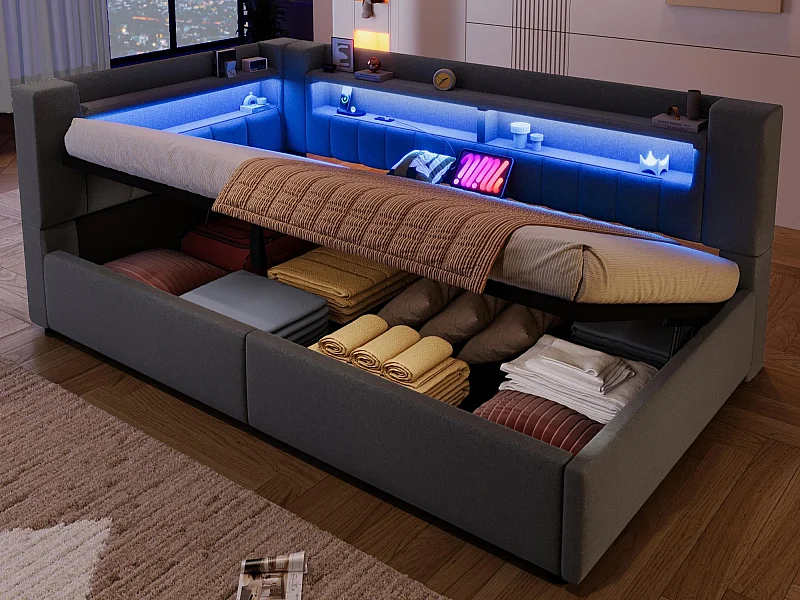 Canapé-lit coffre 90 x 200 cm - avec port USB Type-C - avec éclairage LED - gris (matelas non inclus)