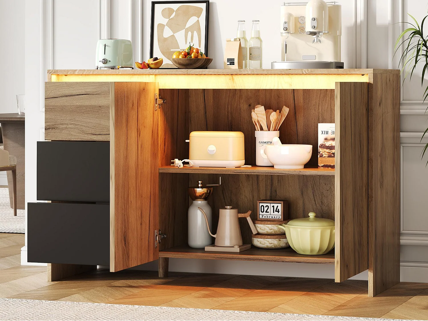 Buffet moderne 120x76x40cm - avec 2 portes et 3 tiroirs - avec des lumières LED - panneau de particules - Naturel