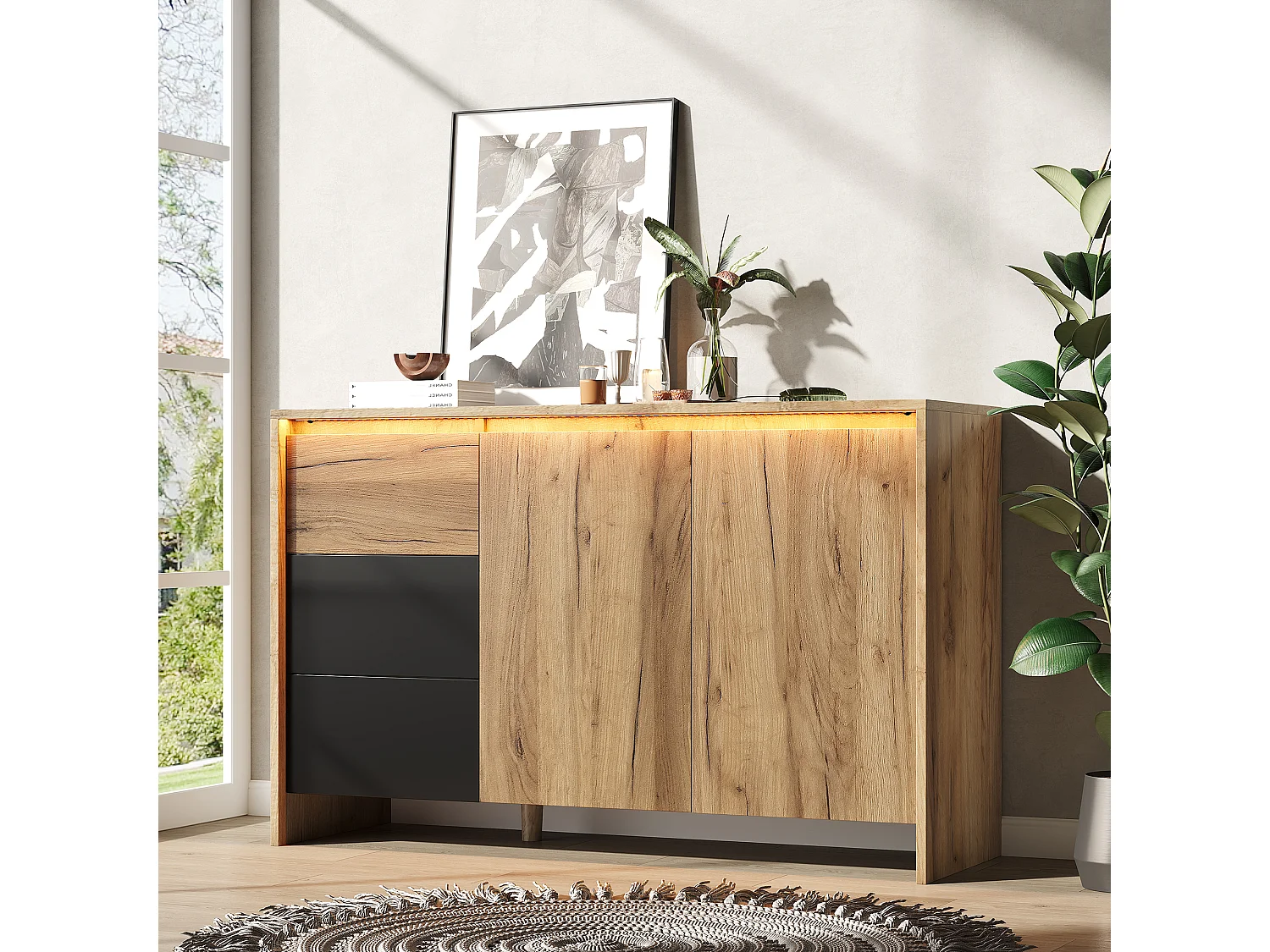 Buffet moderne 120x76x40cm - avec 2 portes et 3 tiroirs - avec des lumières LED - panneau de particules - Naturel