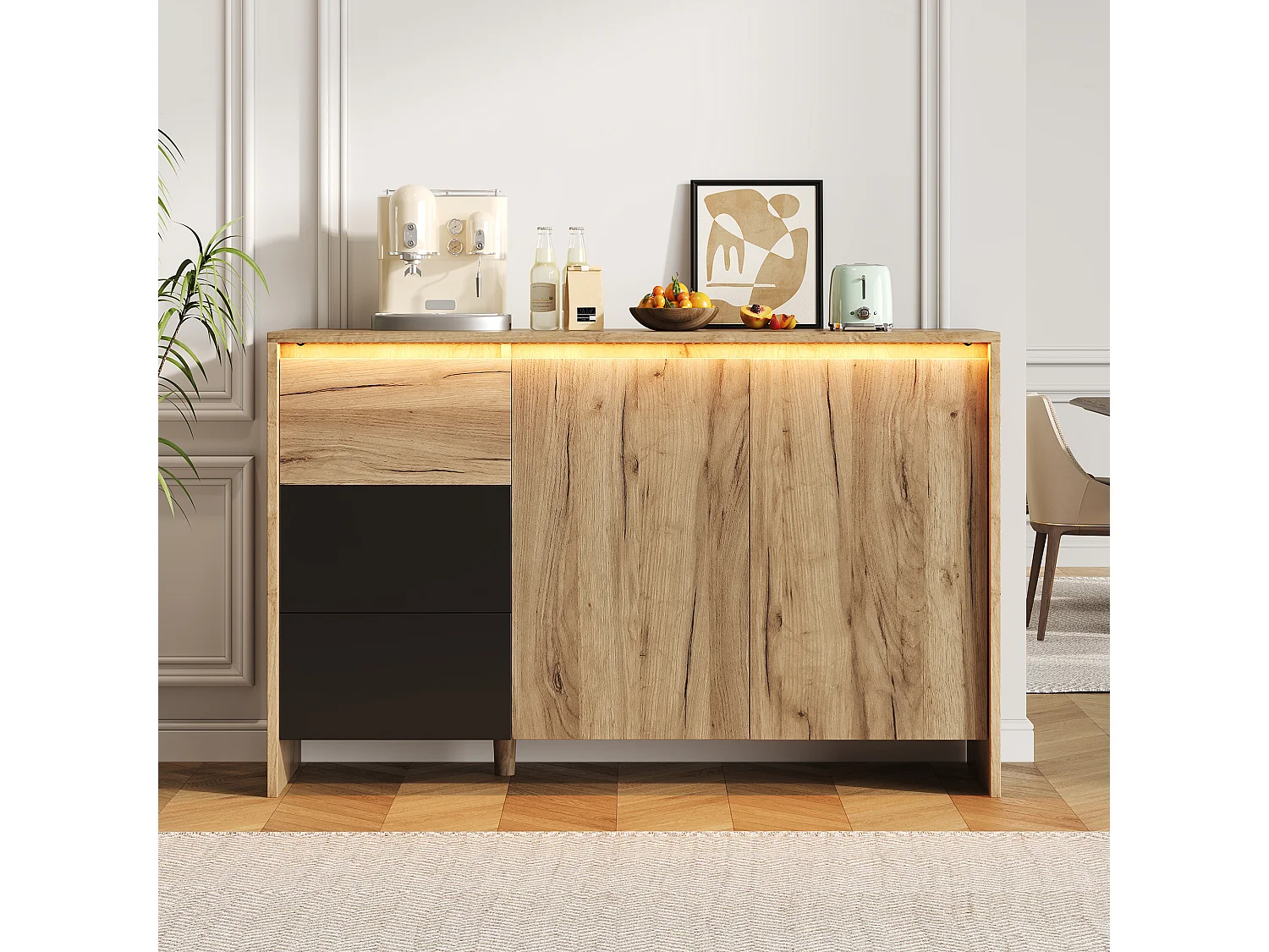 Buffet moderne 120x76x40cm - avec 2 portes et 3 tiroirs - avec des lumières LED - panneau de particules - Naturel