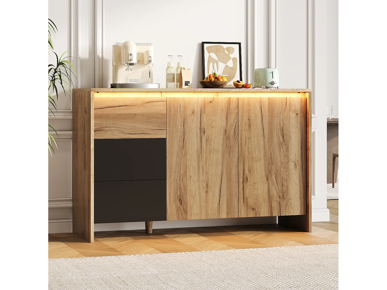 Buffet moderne 120x76x40cm - avec 2 portes et 3 tiroirs - avec des lumières LED - panneau de particules - Naturel