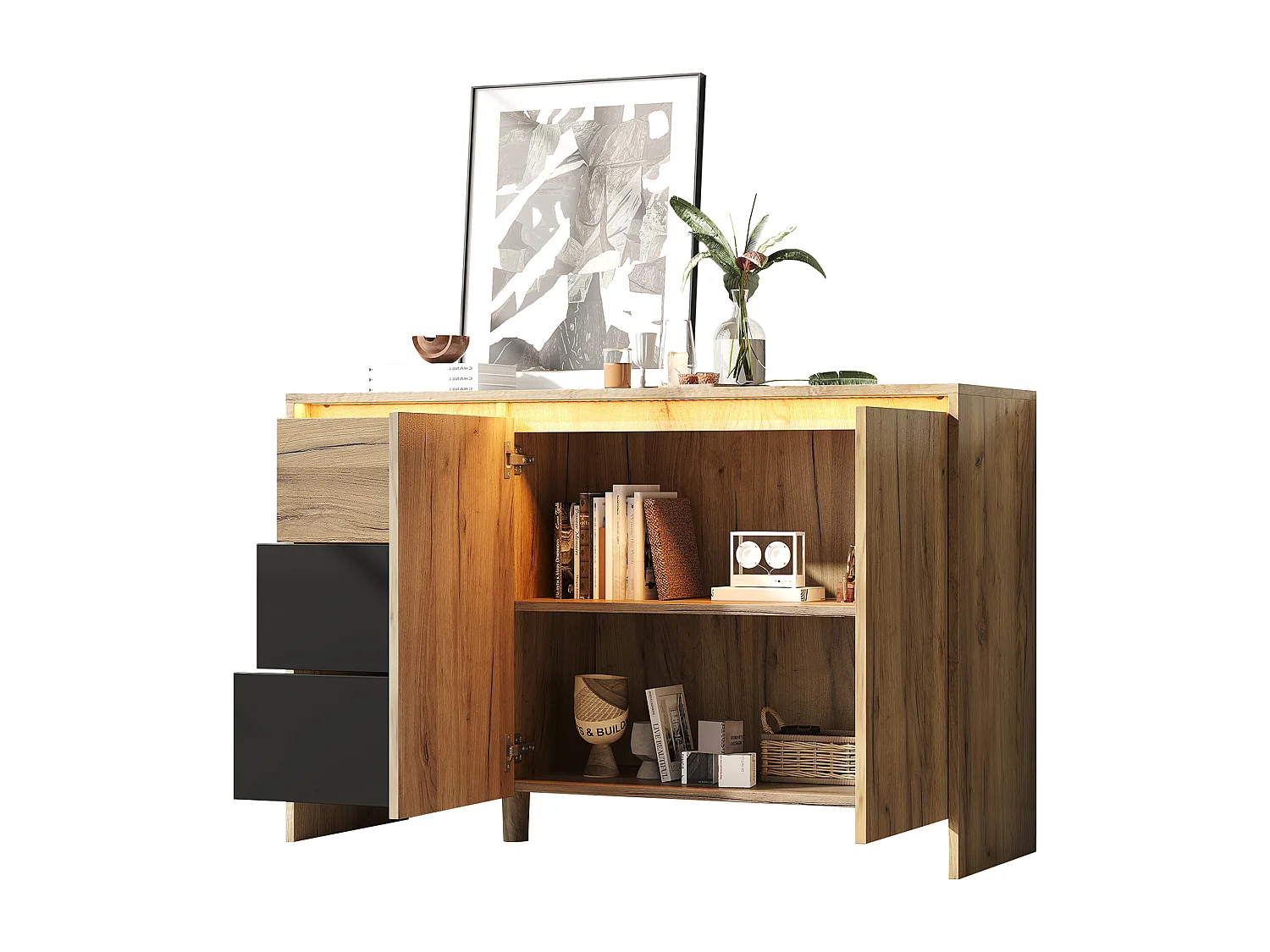 Buffet moderne 120x76x40cm - avec 2 portes et 3 tiroirs - avec des lumières LED - panneau de particules - Naturel