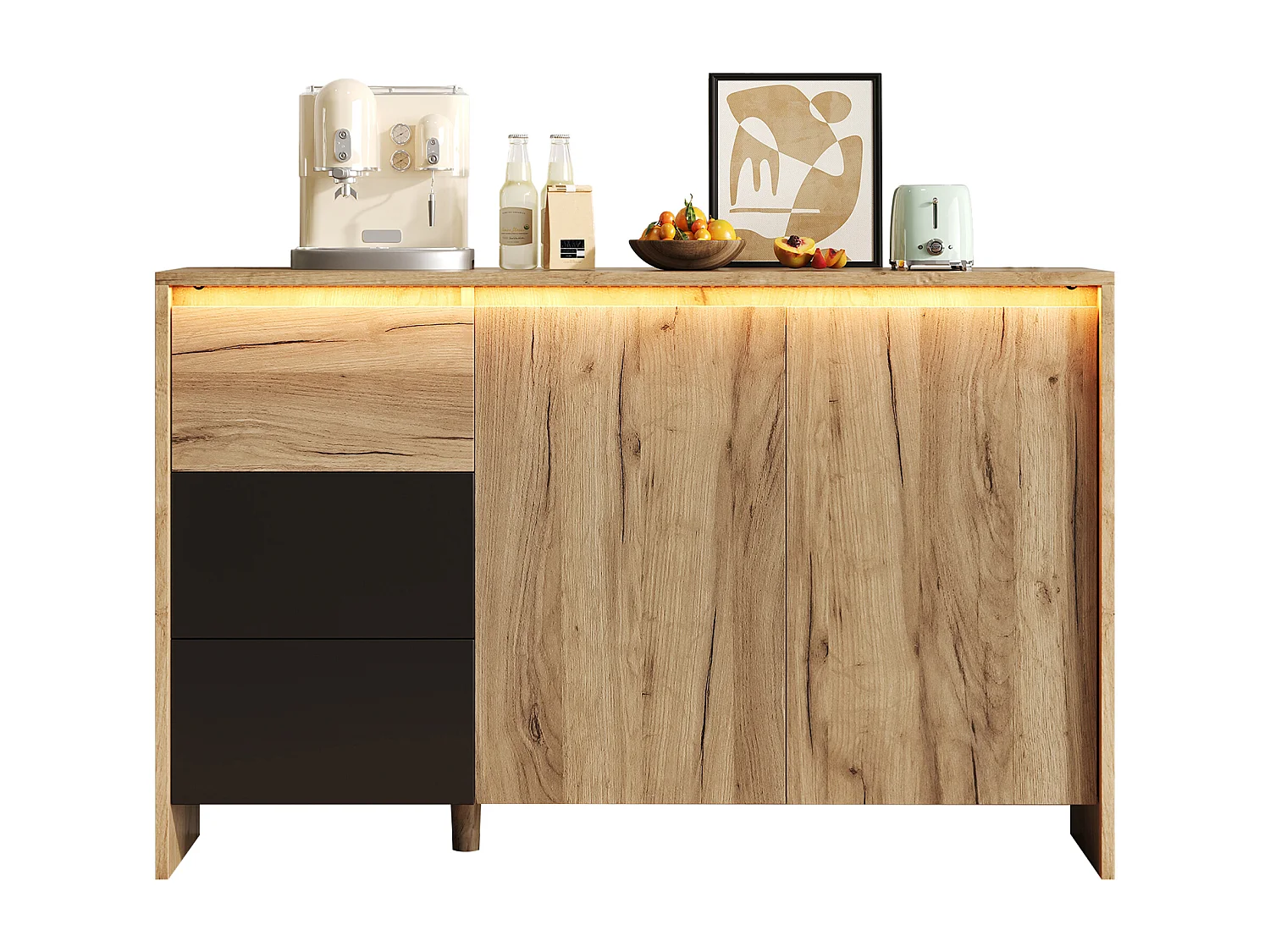 Buffet moderne 120x76x40cm - avec 2 portes et 3 tiroirs - avec des lumières LED - panneau de particules - Naturel
