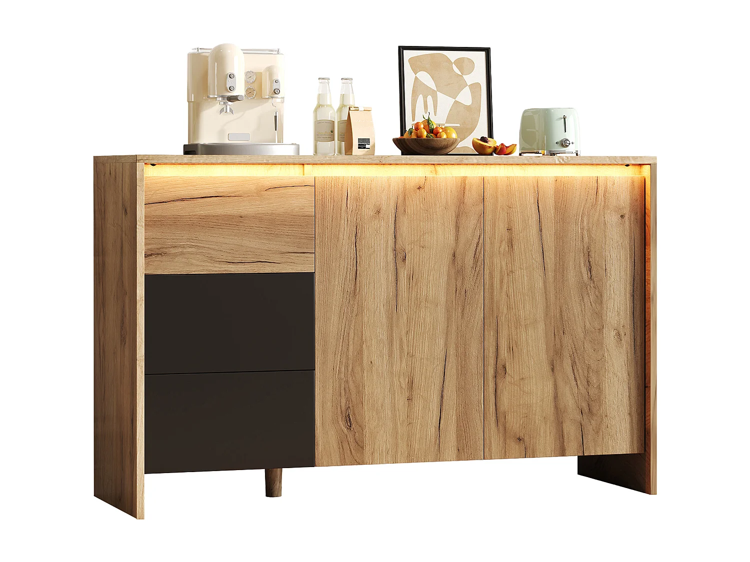 Buffet moderne 120x76x40cm - avec 2 portes et 3 tiroirs - avec des lumières LED - panneau de particules - Naturel